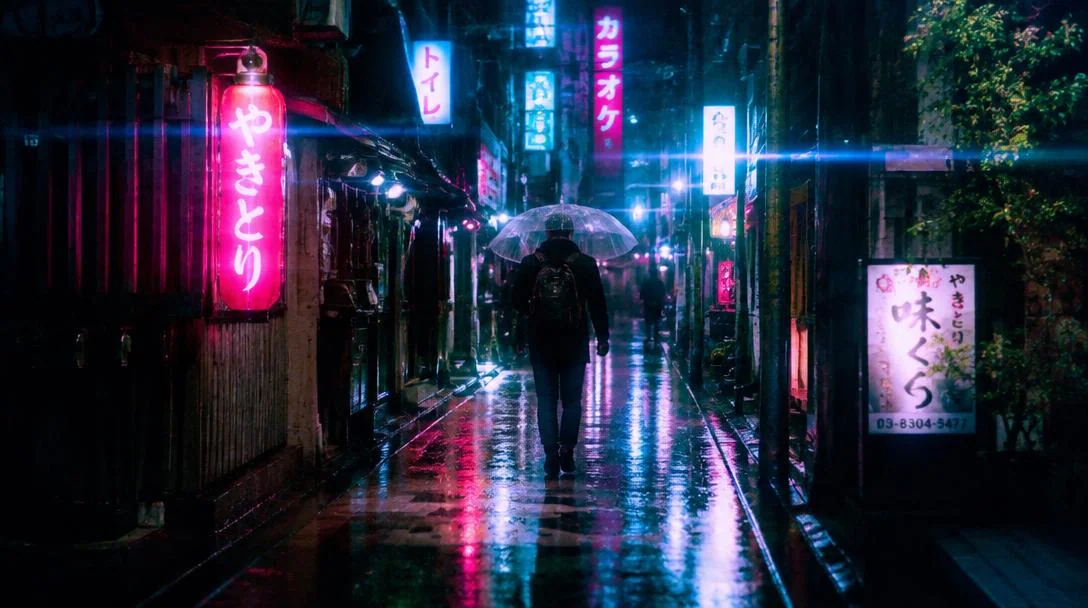 Moody anamorphic still of a lone figure in a rain-soaked alley.