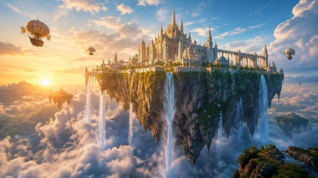 Epic concept art of a floating citadel at sunrise.