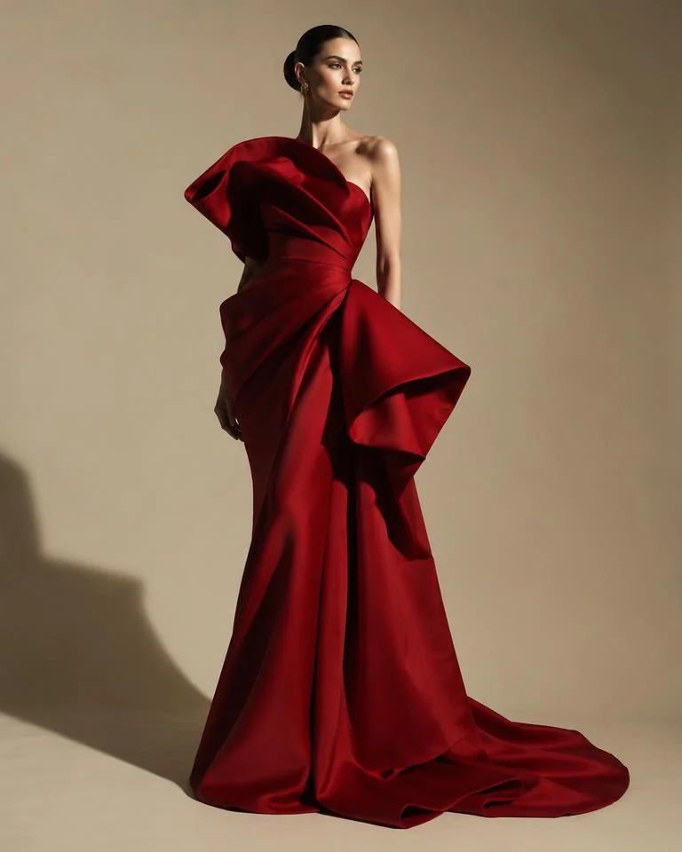 High-fashion studio portrait with a sculptural garment.