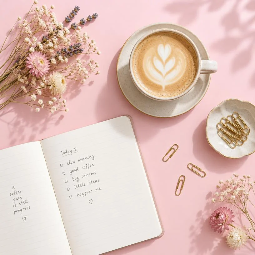 Instagram-ready flat-lay with coffee and stationery.