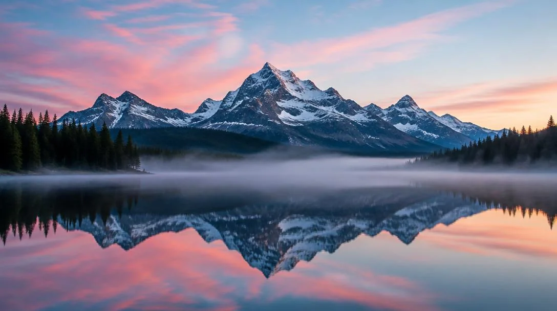 Serene alpine reflection wrapped in morning fog.