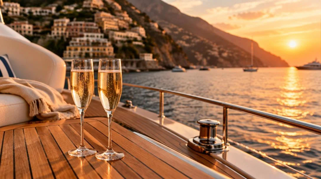 Champagne on a teak yacht deck along the coast.