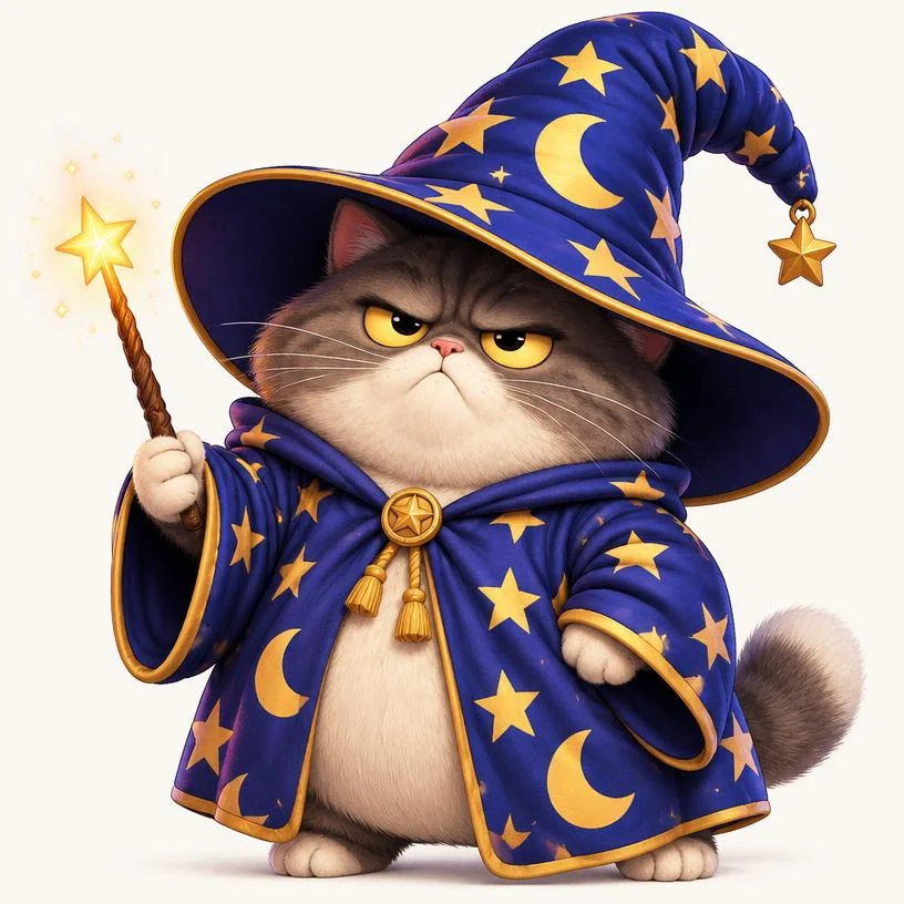 Playful character design of a cat wizard.