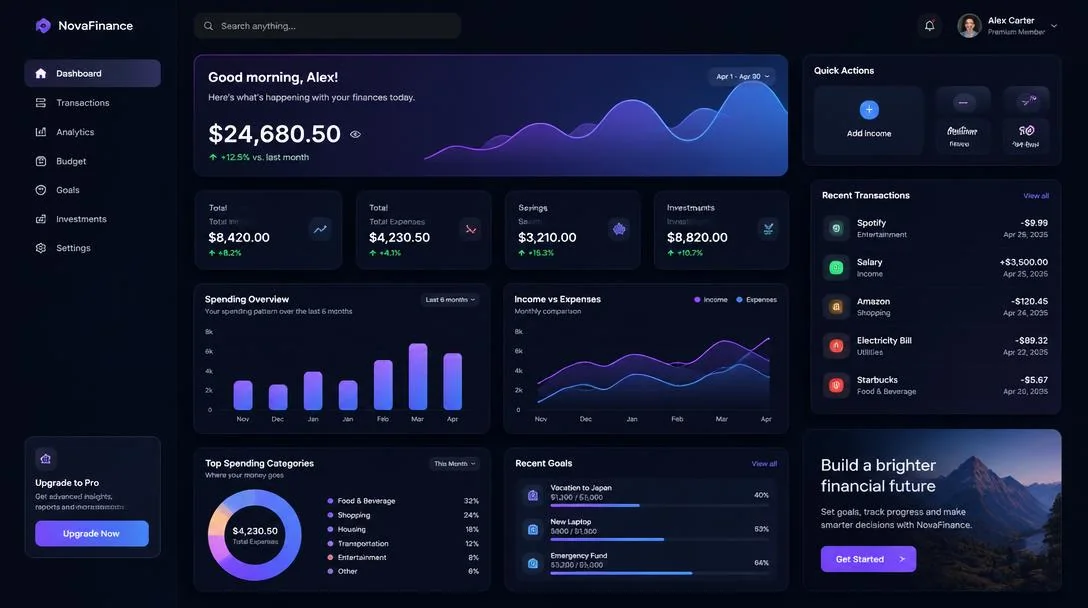Clean fintech dashboard concept with charts and cards.